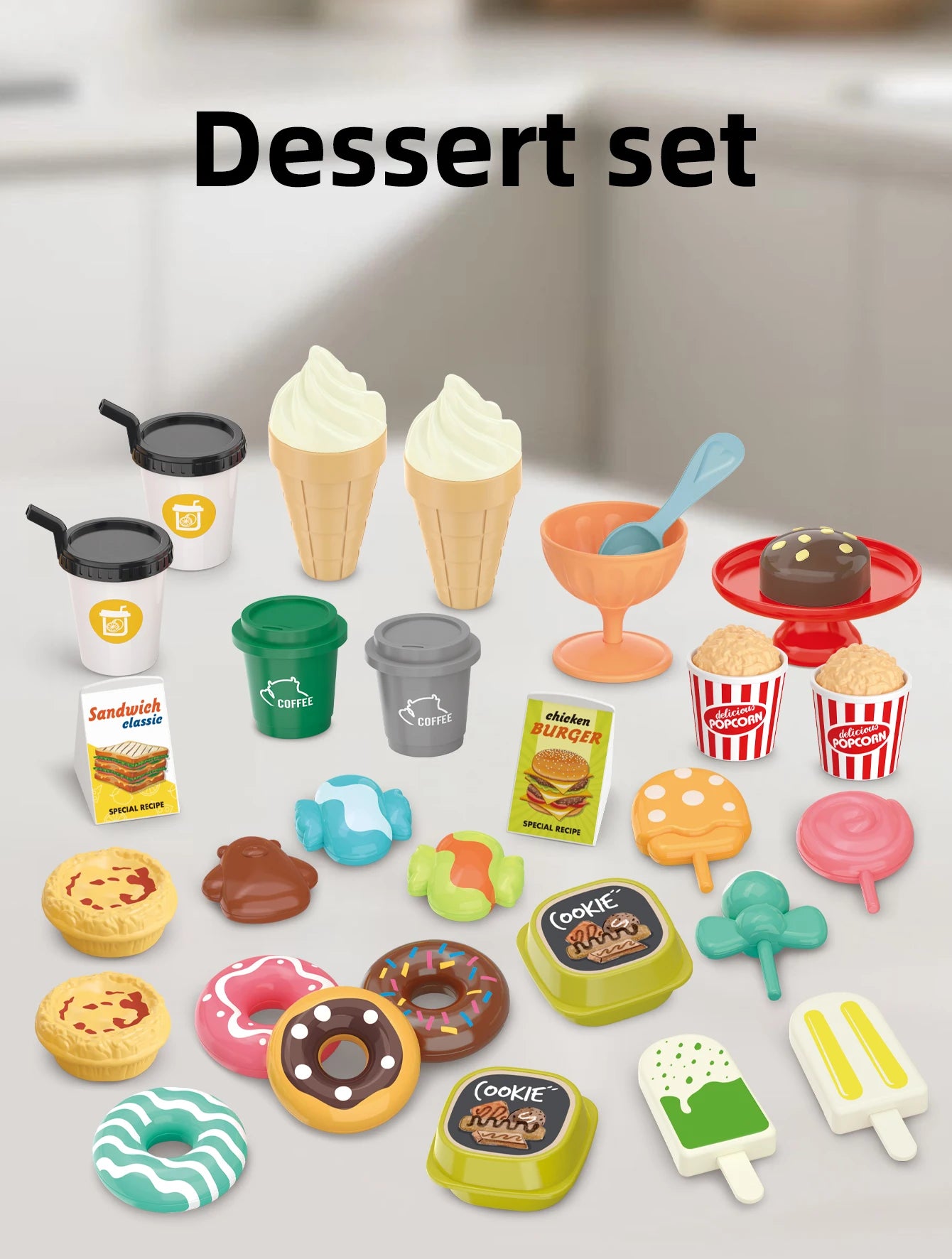 Pretend play, barbecue, fast food, pizza, sushi, afternoon tea, desserts, kitchen food, toy sets