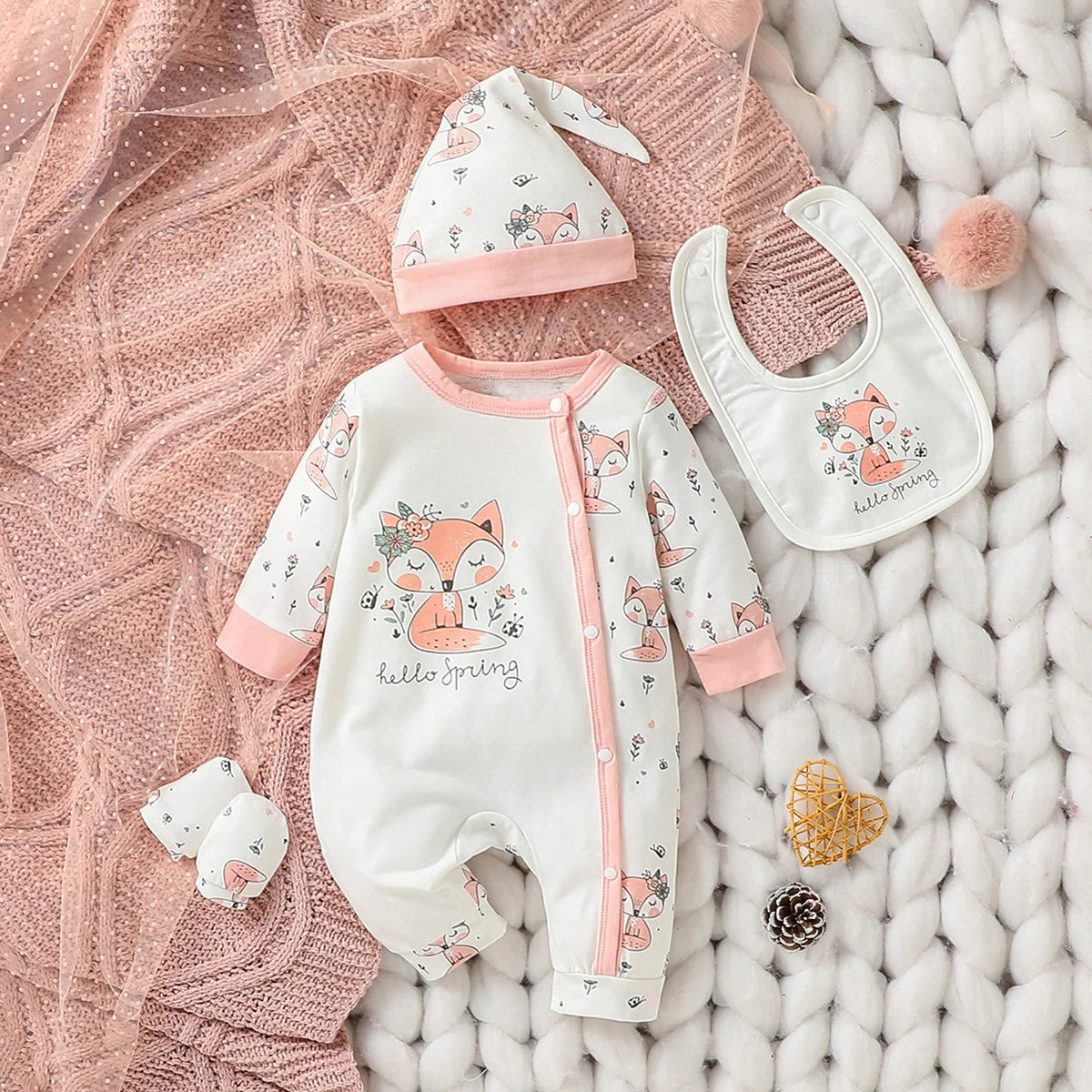4Pcs Jumpsuit Bib Gloves Hat Set