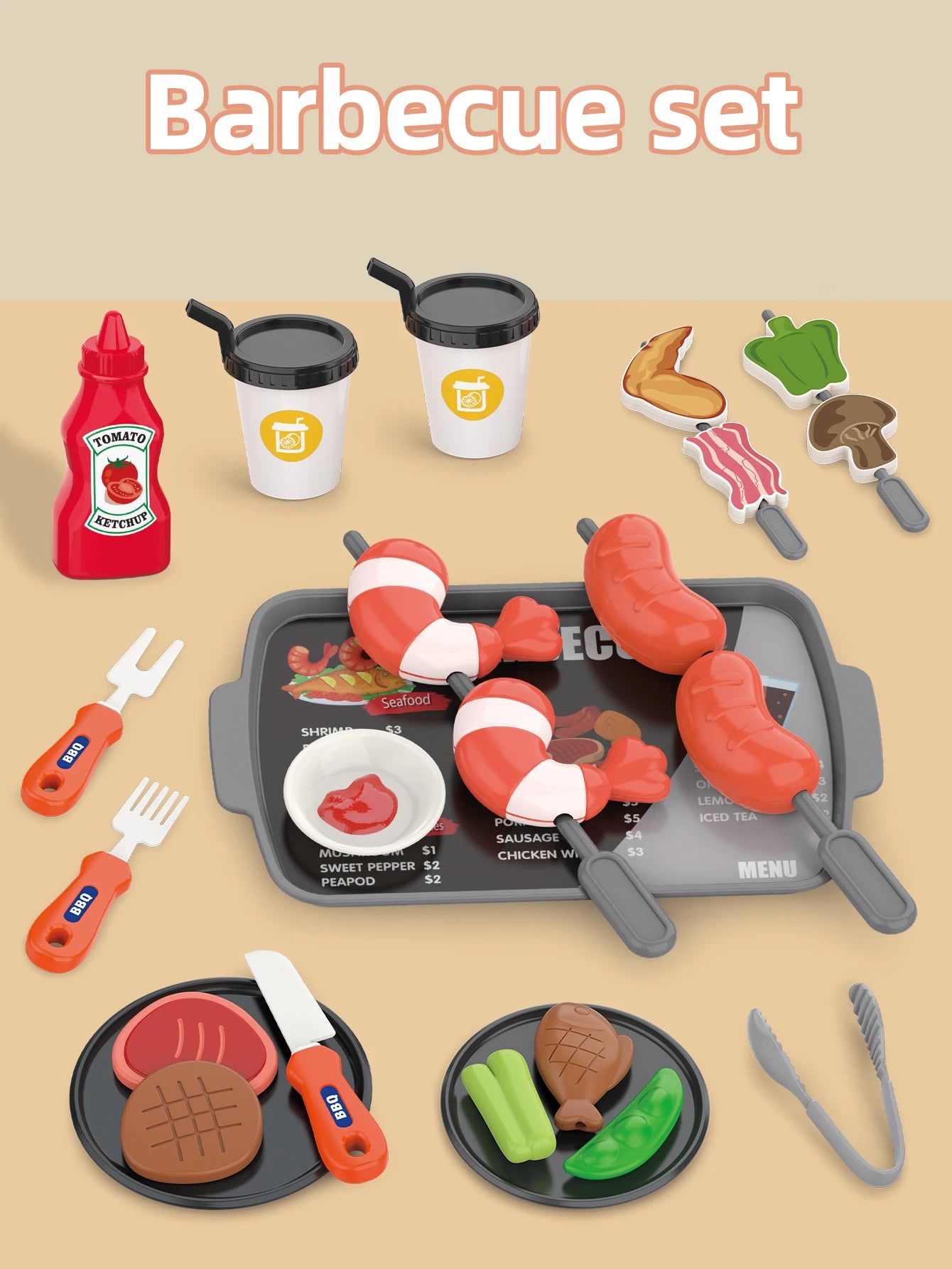 Pretend play, barbecue, fast food, pizza, sushi, afternoon tea, desserts, kitchen food, toy sets