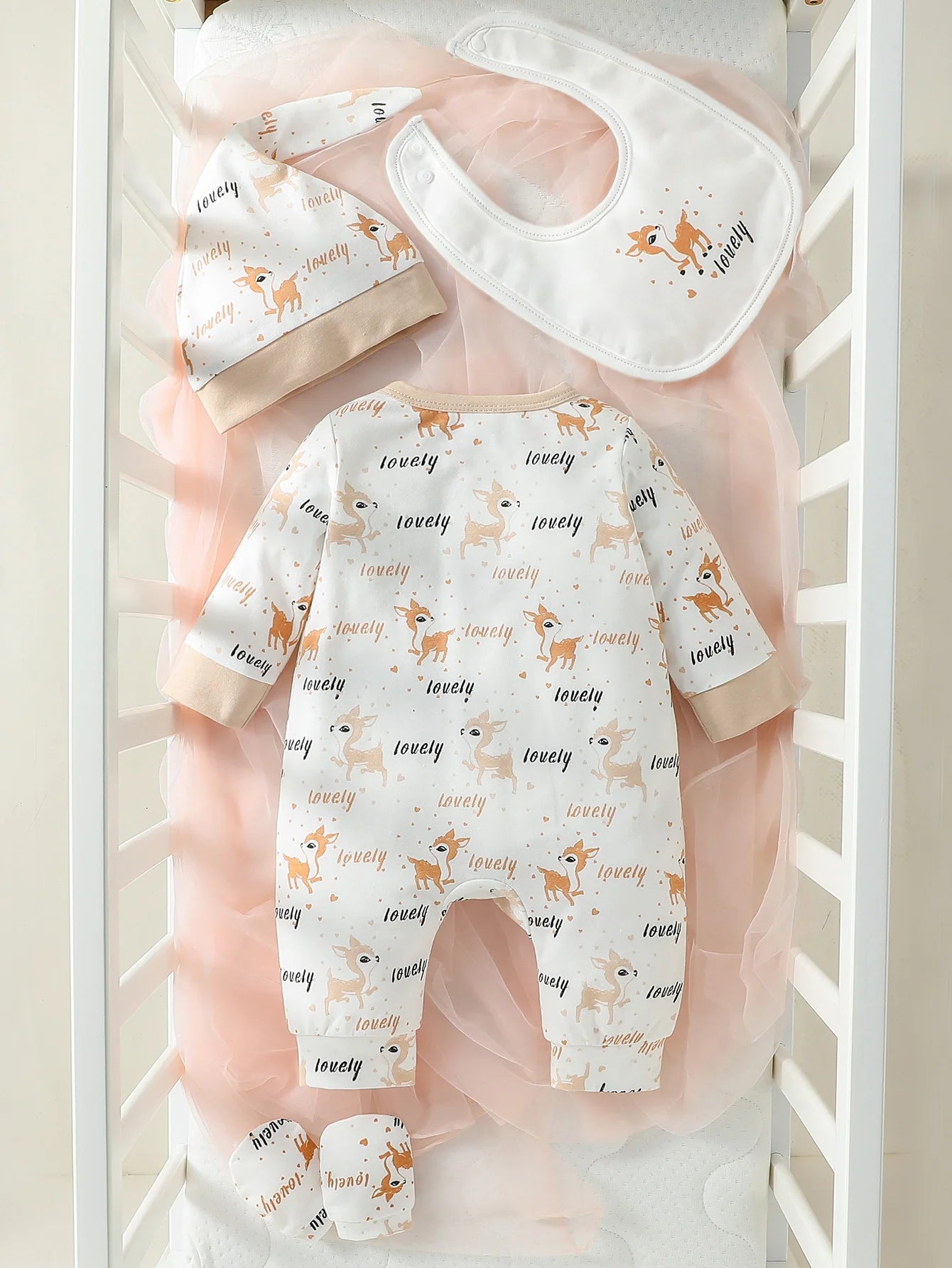 4Pcs Jumpsuit Bib Gloves Hat Set