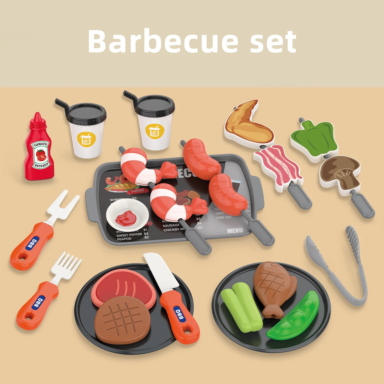 Pretend play, barbecue, fast food, pizza, sushi, afternoon tea, desserts, kitchen food, toy sets