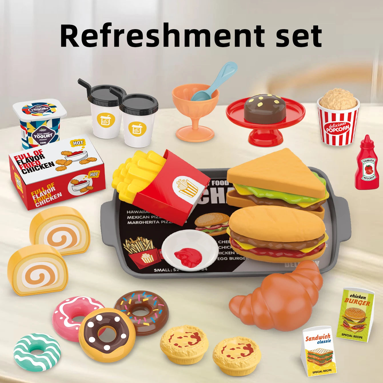 Pretend play, barbecue, fast food, pizza, sushi, afternoon tea, desserts, kitchen food, toy sets