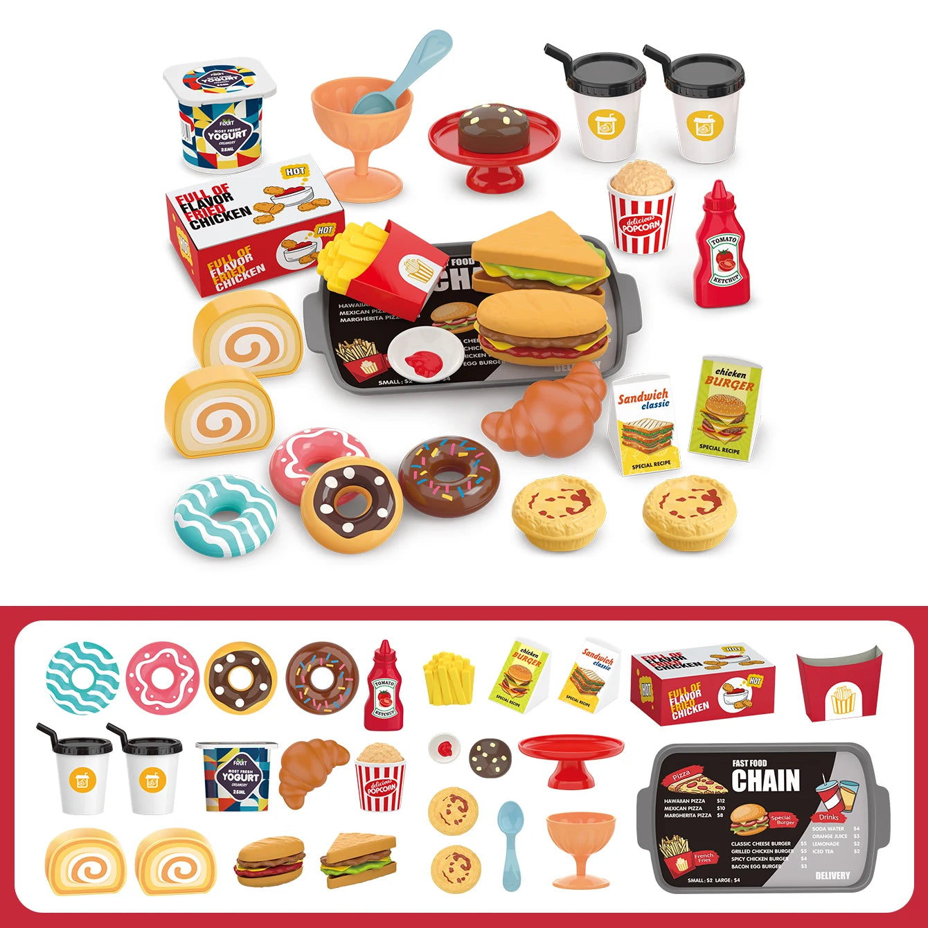 Pretend play, barbecue, fast food, pizza, sushi, afternoon tea, desserts, kitchen food, toy sets