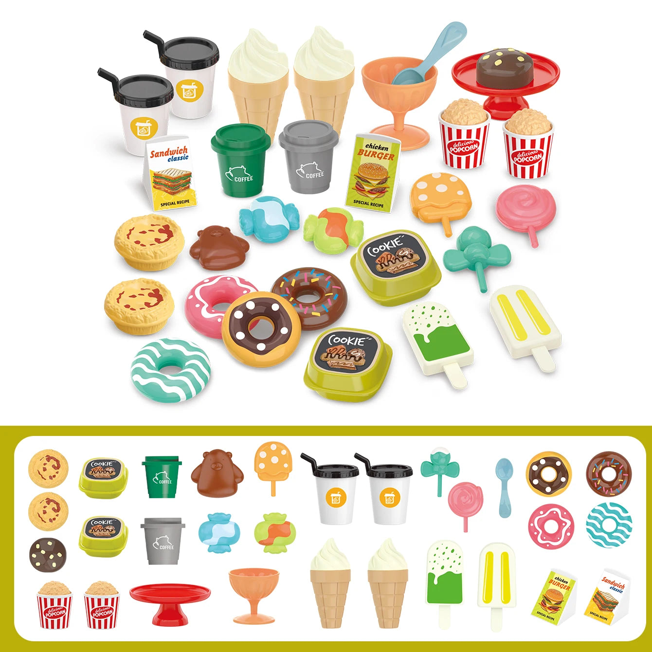 Pretend play, barbecue, fast food, pizza, sushi, afternoon tea, desserts, kitchen food, toy sets