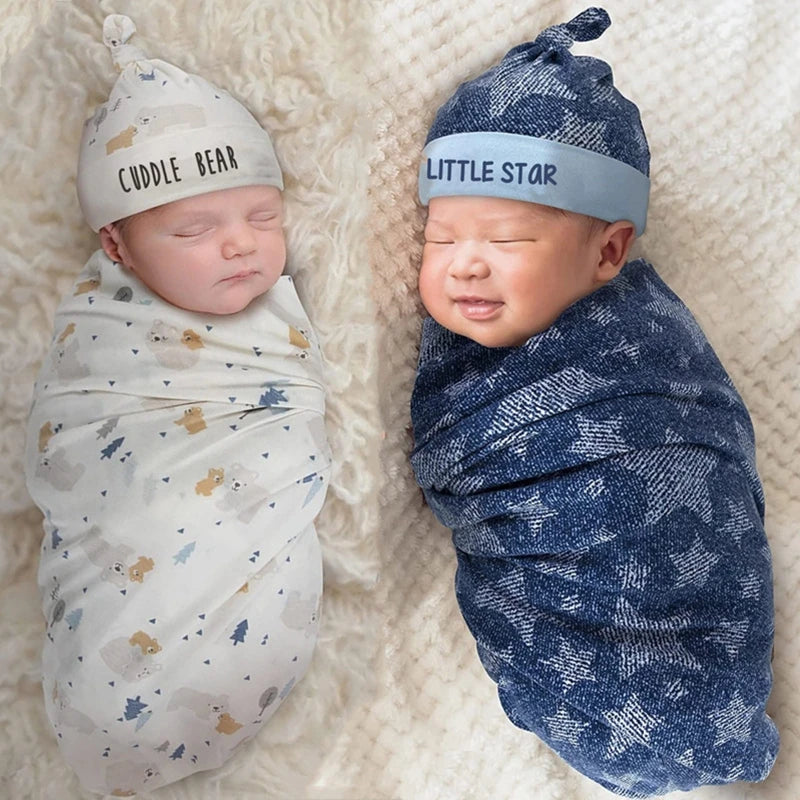 2pcs Newborn Baby Microfiber Swaddle Wrap with Beanie Hat