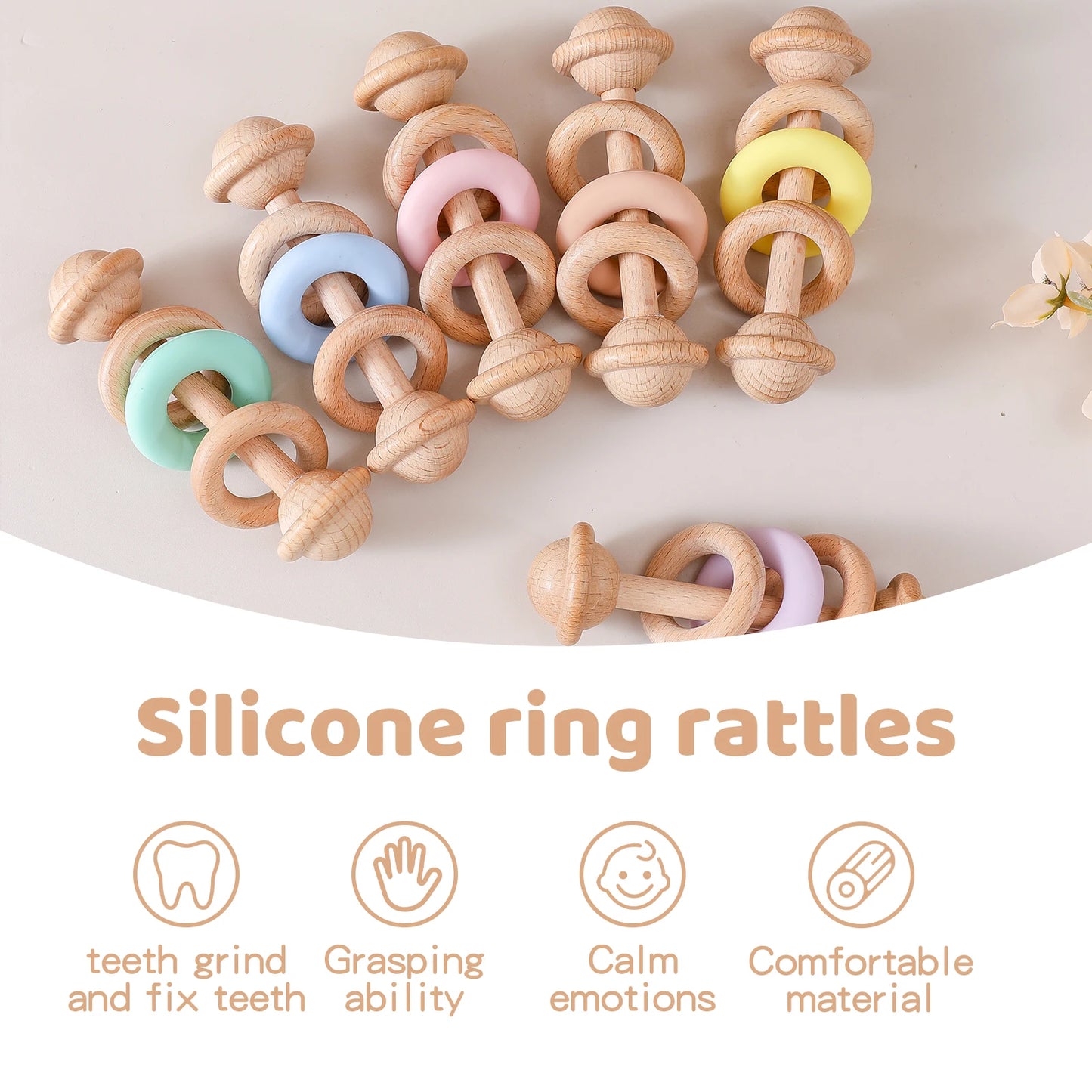 Wooden Rattles Silicone Ring Toy
