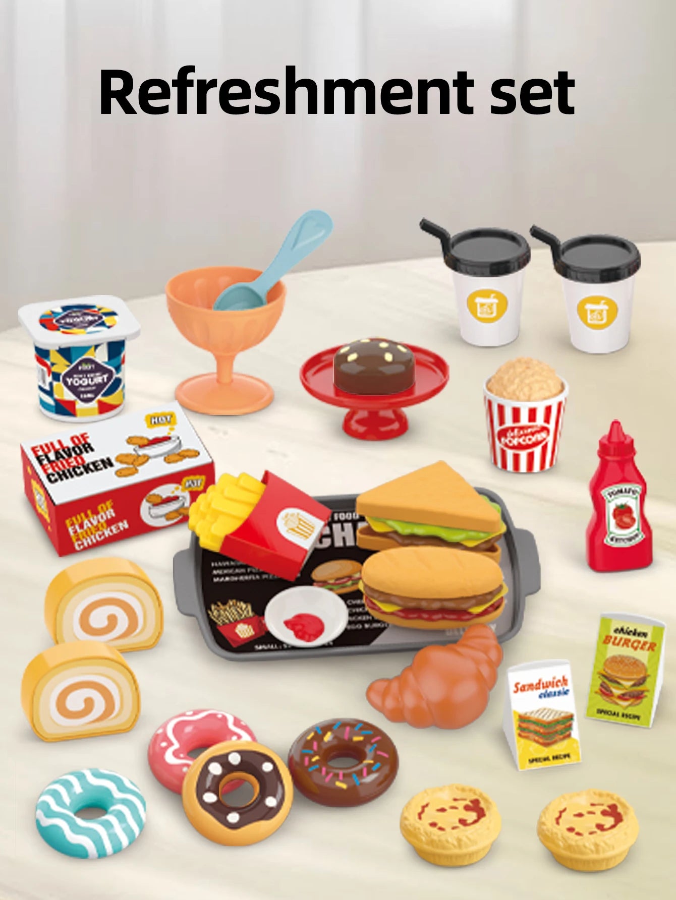 Pretend play, barbecue, fast food, pizza, sushi, afternoon tea, desserts, kitchen food, toy sets