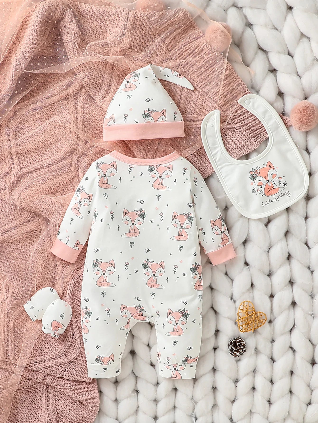 4Pcs Jumpsuit Bib Gloves Hat Set