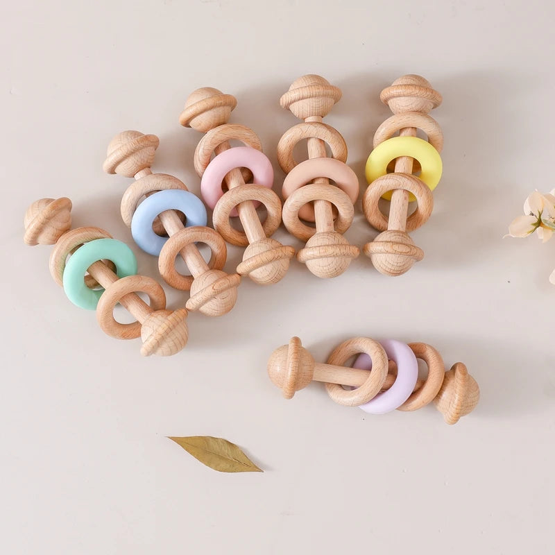 Wooden Rattles Silicone Ring Toy