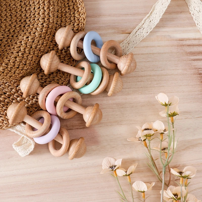 Wooden Rattles Silicone Ring Toy