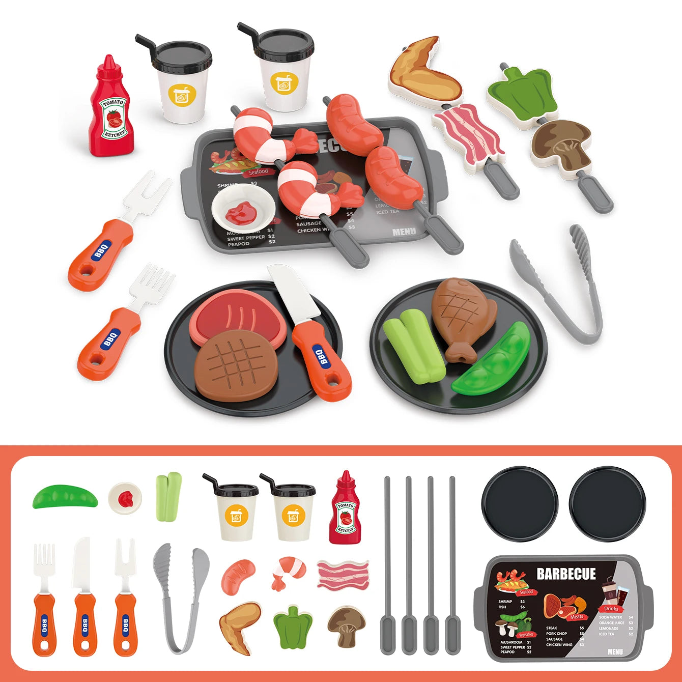 Pretend play, barbecue, fast food, pizza, sushi, afternoon tea, desserts, kitchen food, toy sets