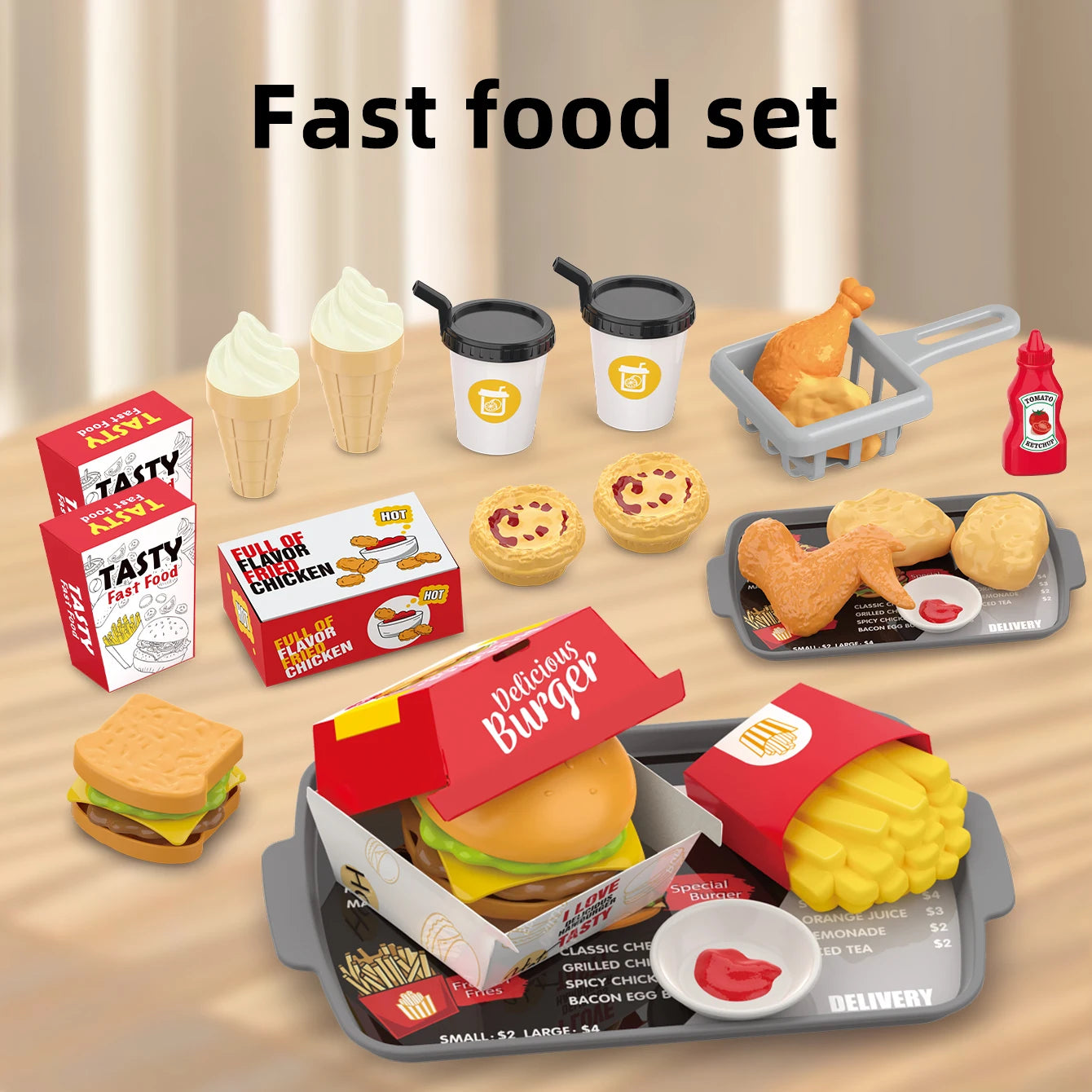 Pretend play, barbecue, fast food, pizza, sushi, afternoon tea, desserts, kitchen food, toy sets