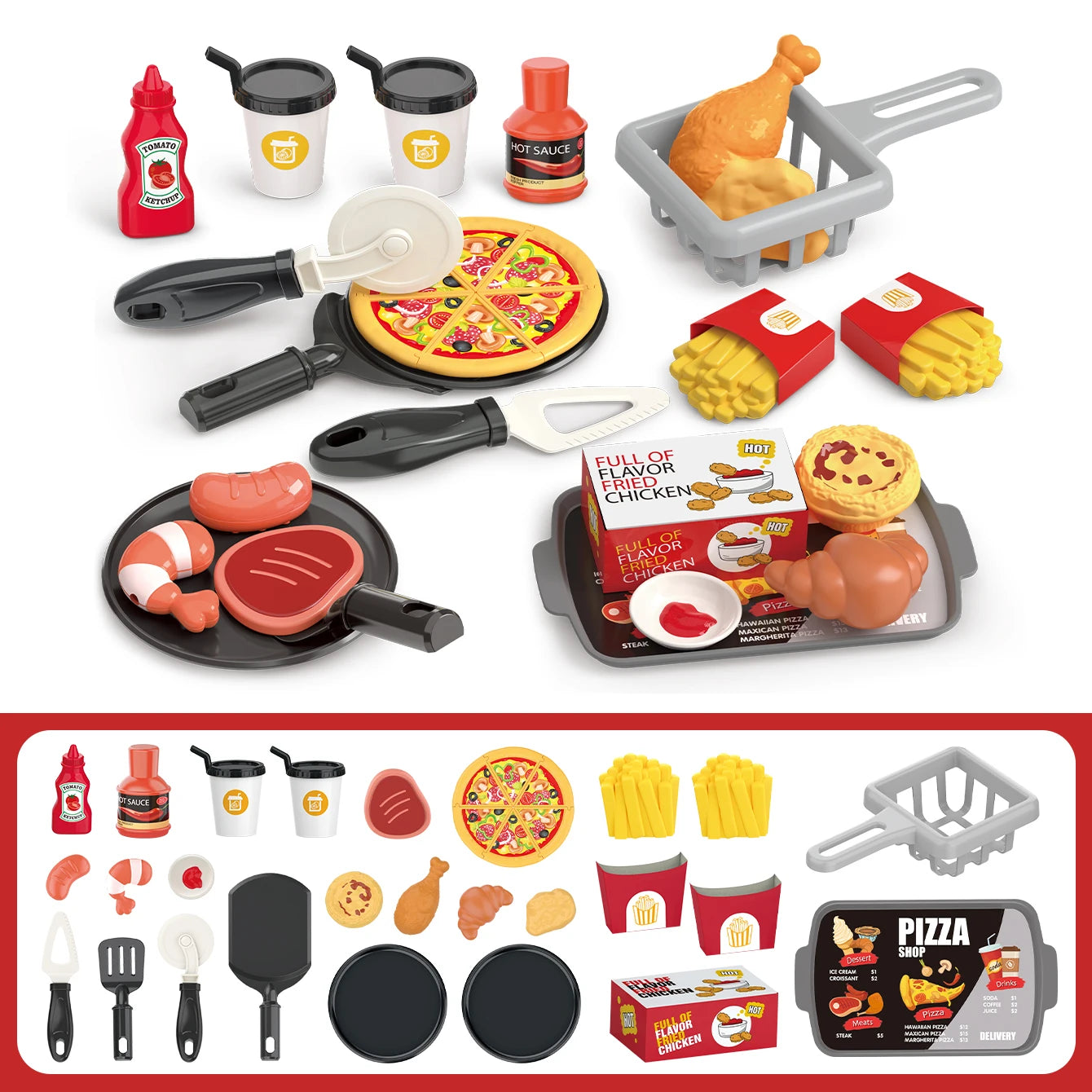 Pretend play, barbecue, fast food, pizza, sushi, afternoon tea, desserts, kitchen food, toy sets