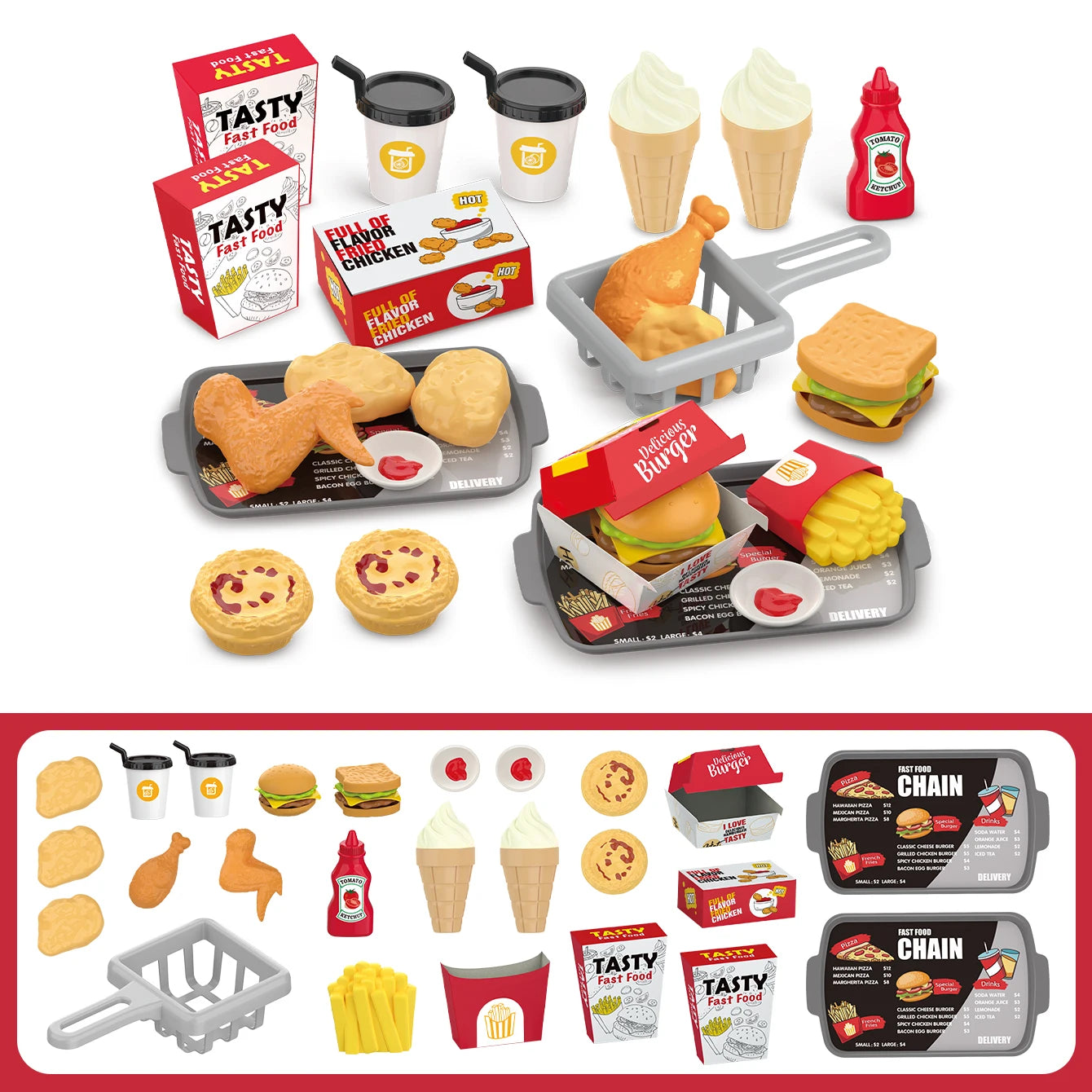 Pretend play, barbecue, fast food, pizza, sushi, afternoon tea, desserts, kitchen food, toy sets