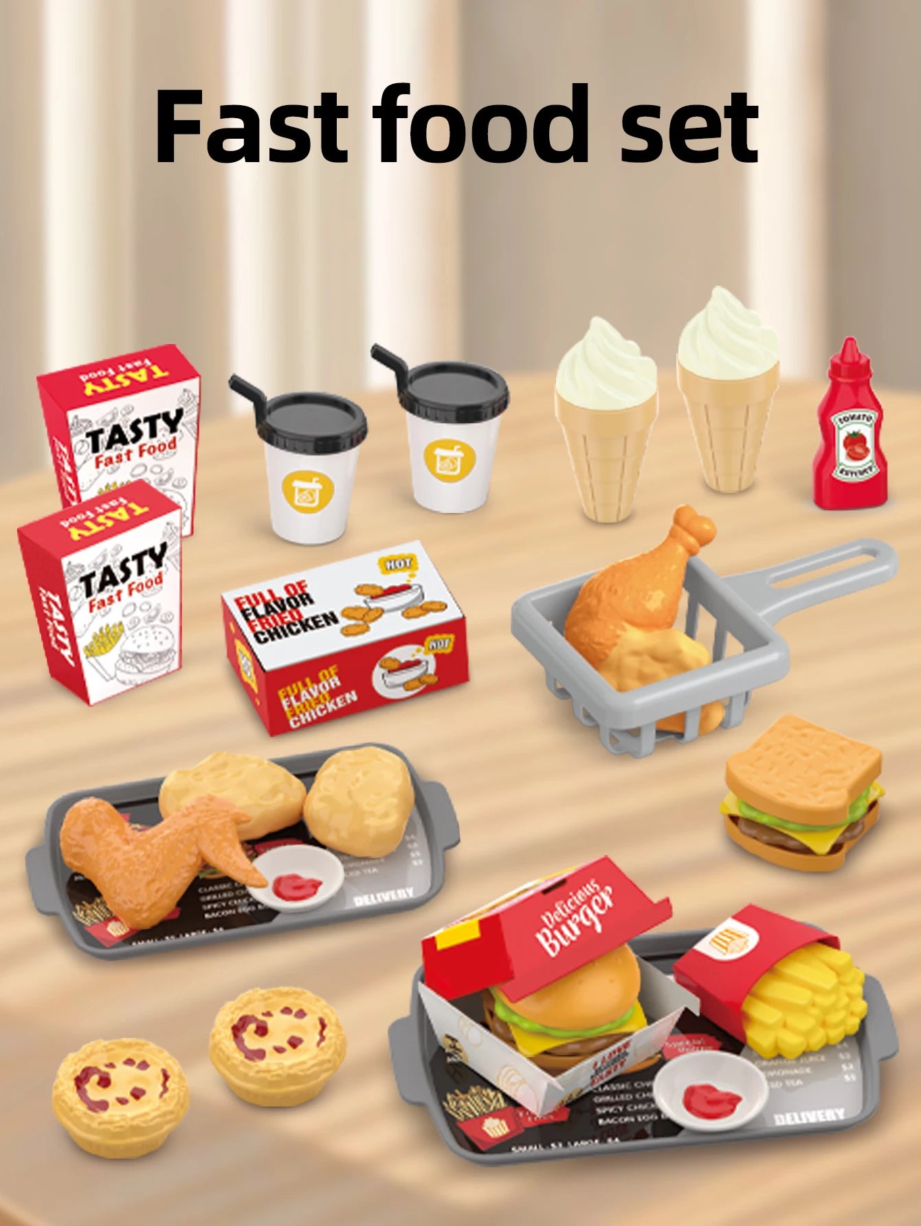 Pretend play, barbecue, fast food, pizza, sushi, afternoon tea, desserts, kitchen food, toy sets