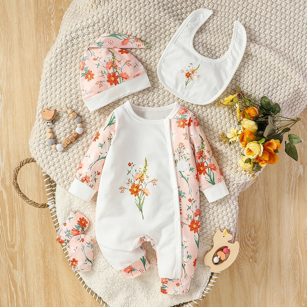 4Pcs Jumpsuit Bib Gloves Hat Set