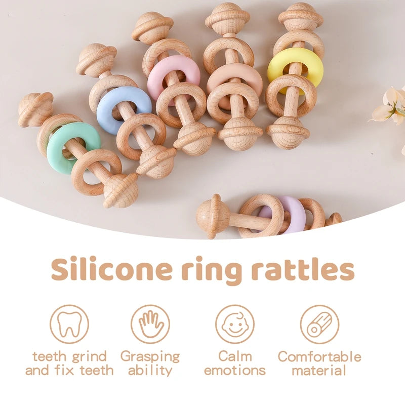 Wooden Rattles Silicone Ring Toy