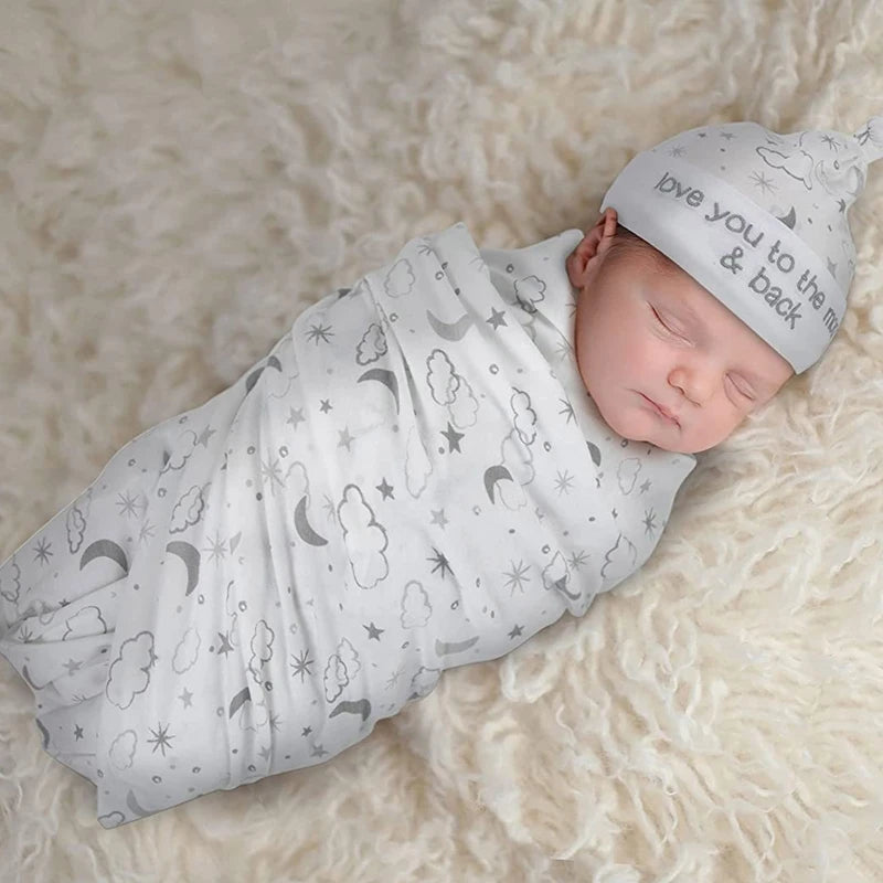 2pcs Newborn Baby Microfiber Swaddle Wrap with Beanie Hat