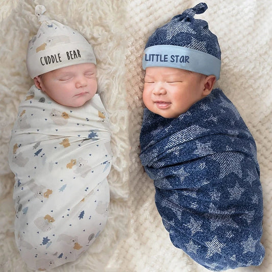 2pcs Newborn Baby Microfiber Swaddle Wrap with Beanie Hat
